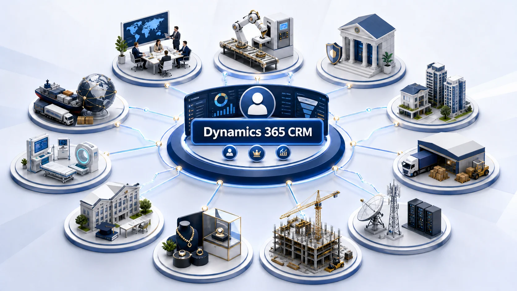 CRM relié à dix secteurs, dont services B2B, industrie, banque, immobilier, BTP et santé