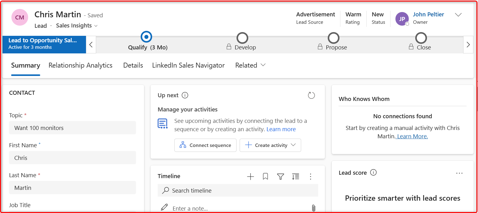 Official Dynamics 365 Sales business process flow showing the lead-to-opportunity stages